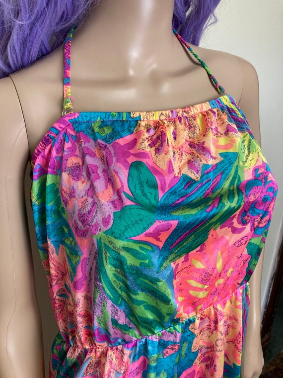 Neon 80s Abstract Floral Mini Dress Swimsuit with… - image 5