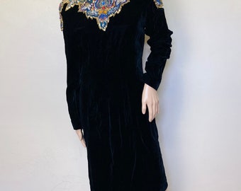 Ornate Beaded Velvet and Gemstone Low Cut Back Bodycon Dress