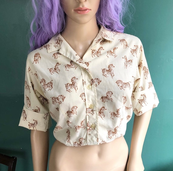Vintage 70s Zebra Print Collared Crop Top