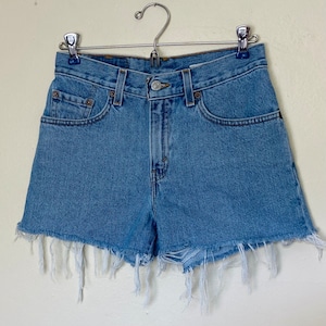 May include: Light blue denim shorts with a frayed hem. The shorts have a button fly and five pockets.