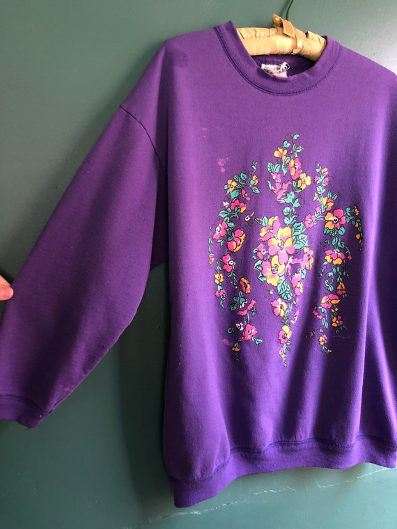 Vintage 80s Botanical Oversize Purple Sweatshirt - image 10