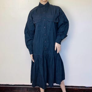 Avant Garde Vintage 80s Dropwaist Black Cotton Midi Dress