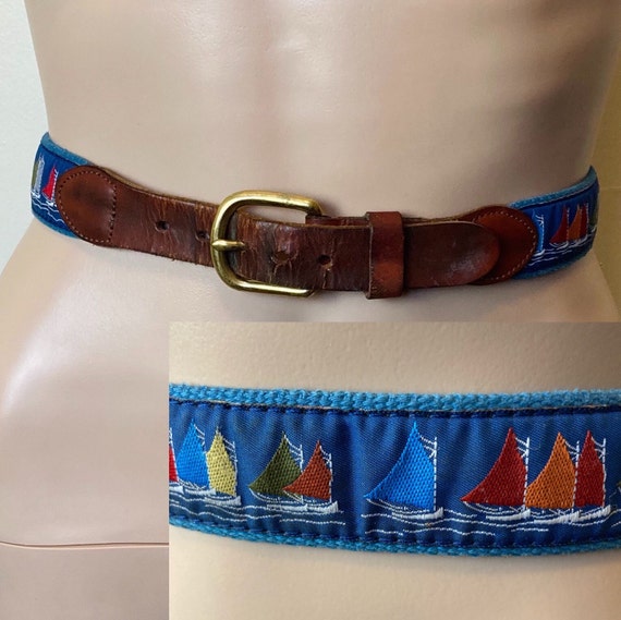 Brown Leather Vintage 70s Sailboats Belt - image 1