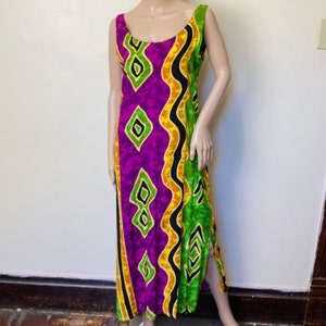 Jewel Tone Batik Vintage 90s Side Slit Maxi Dress