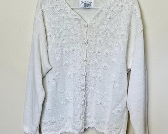 Milk White Ramie and Cotton Vintage 80s Embroidered Cardigan Sweater