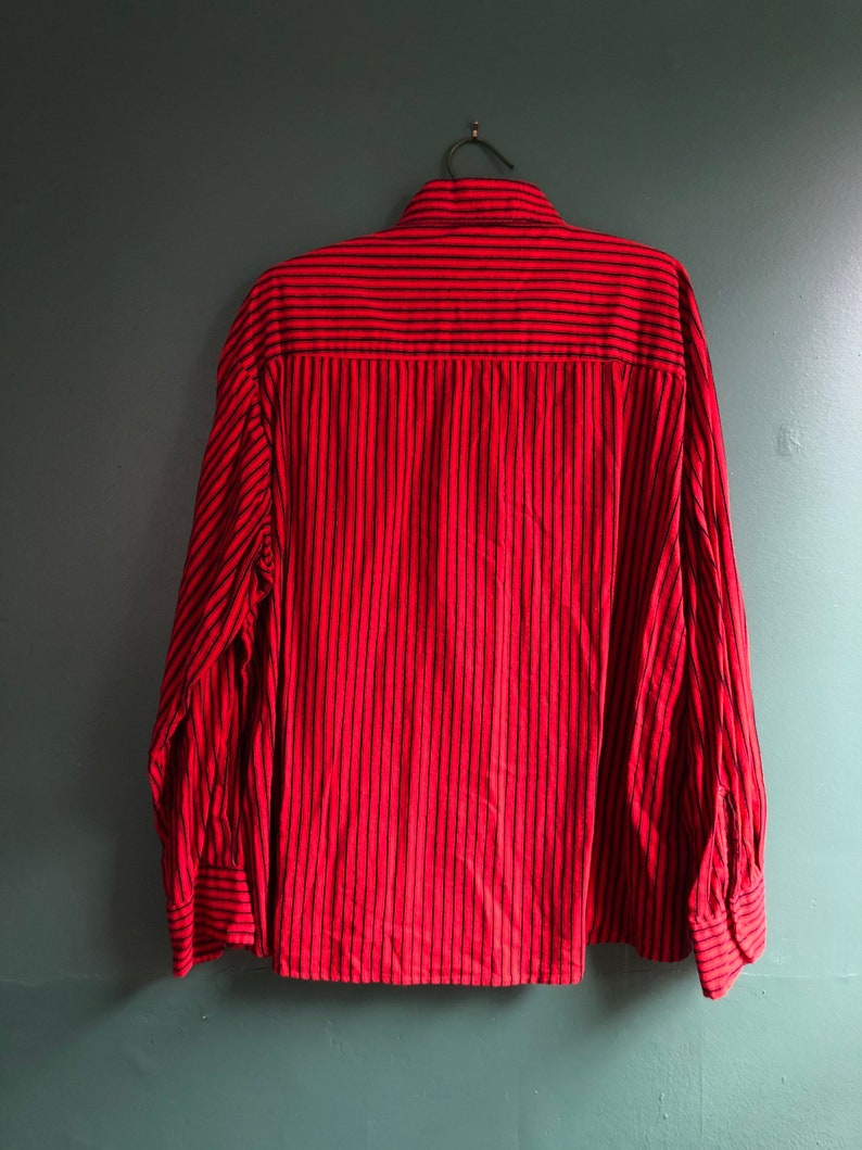 Vintage 80s Black and Red Vertical Striped Cotton Oversize Rugged Western Shirt