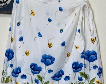 Y2K Vintage 1990s Blue Poppies Print Mini Skirt