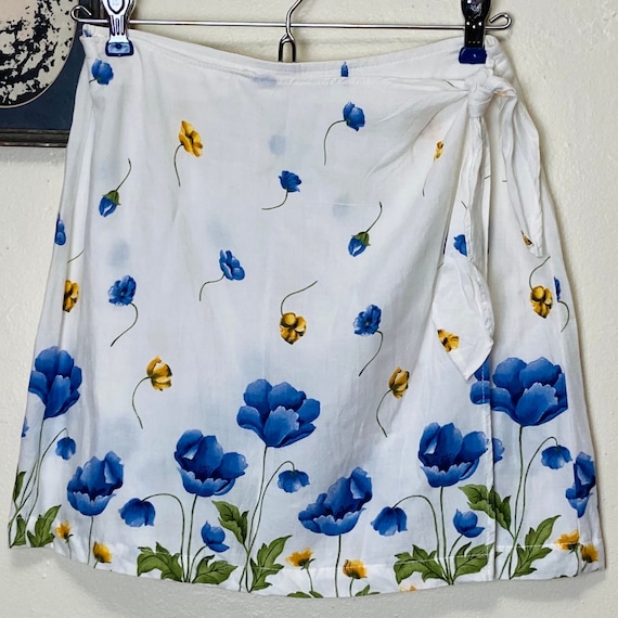 Y2K Vintage 1990s Blue Poppies Print Mini Skirt - image 1