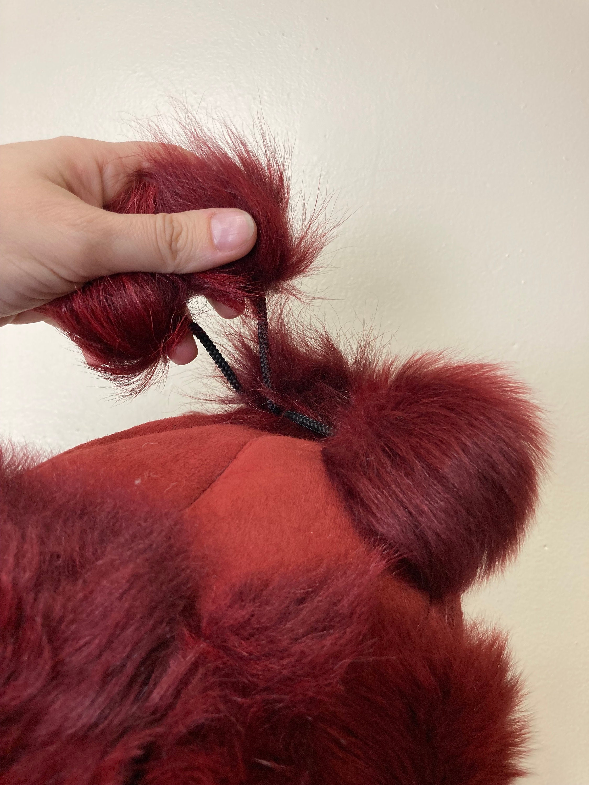 Red and Black Rabbit Fur Vintage 80s Puffball Winter Hat  display picture 1