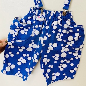 Blue and White Vintage 80s Polka Dot Kids Overalls Shorts