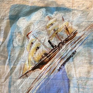 Hand Painted Pure Silk Chiffon Oversize Vintage 40s Ship Print Scarf image 9