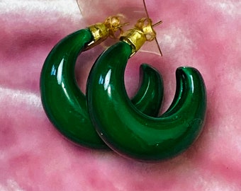 Chunky Emerald Green Vintage 70s Deadstock Hoop Earrings