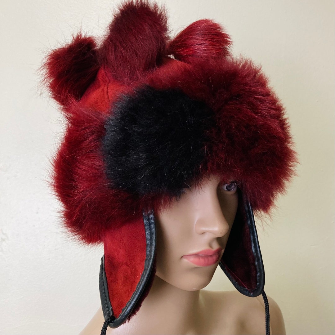 Red and Black Rabbit Fur Vintage 80s Puffball Winter Hat - Etsy