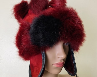 Bonnet d'hiver vesse-de-boule rouge et noir vintage des années 80 en fourrure de lapin