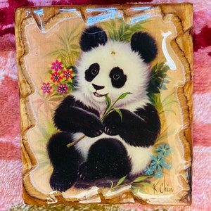 Panda and Flowers Vintage 70s Decoupage Wall Plaque