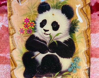 Panda och blommor Vintage 70-tals decoupage väggplakett