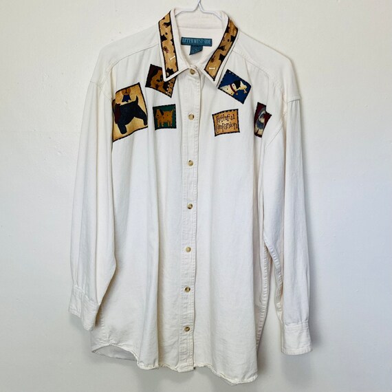 Dog Patchwork Vintage 90s Collared Button Down Sh… - image 1
