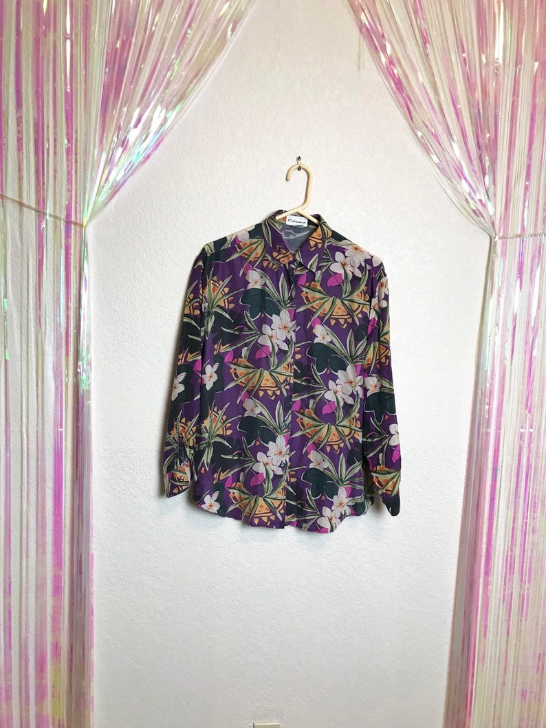 Vintage 1980s Jewel Tone Floral Silk Button Down Blouse