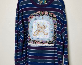 Teddy Bear Reworked Patchwork Long Sleeve Striped Tee