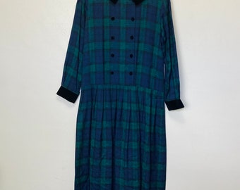 Green Plaid and Velvet Peter Pan Collared Vintage 90s Dropwaist Dress