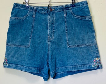 Plus Size Blumen bestickte Vintage 90er Jahre Jeans Shorts