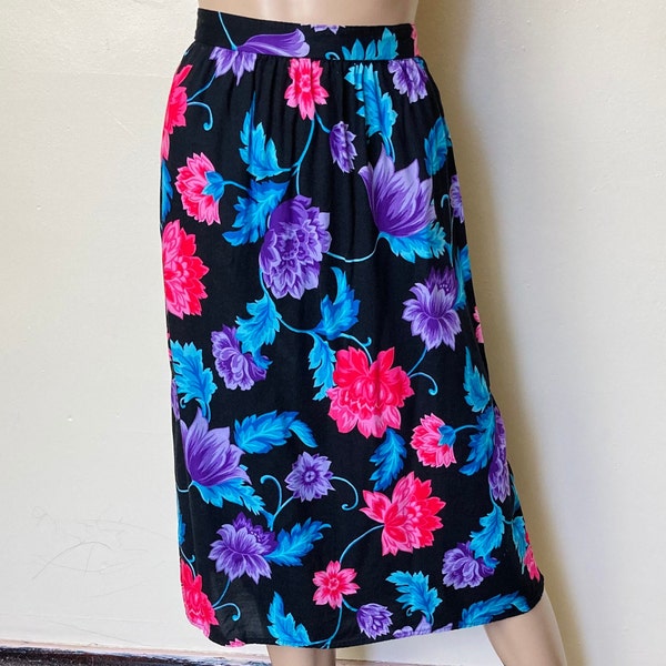 Candy Colored Floral Vintage 80s Plus Size Midi Skirt with Pockets