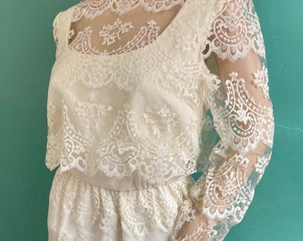 Vintage 60s Cream Lace Midi Dress - Sheer Neckline, Size M