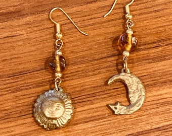 Celestial Asymmetrical Vintage 90s Warm Brass Sun and Moon Earrings