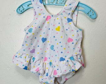 Pastel Hearts Vintage 80s Baby Ruffled Bodysuit Jumpsuit 18-24M