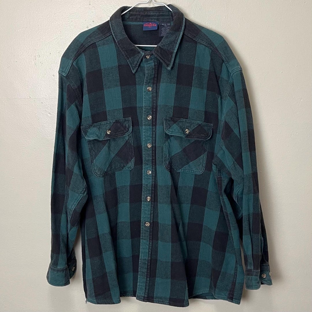 Green and Black Buffalo Check Plaid Vintage 90s Grunge Cowboy