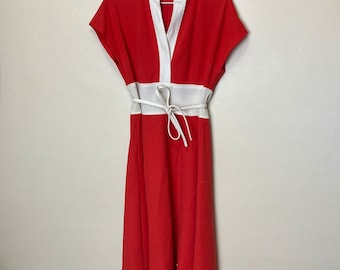 Cherry Red and White Vintage 70s Colorblock Midi Dress