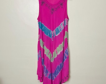 Colorful Pink Dyed Embroidered Vintage 90s Soft Rayon Boho Dress