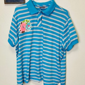 Reworked Vintage 80s Candy Colored Stripes and Roses Plus Size Polo Shirt