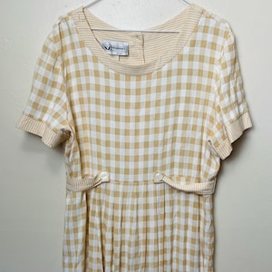 Vintage jaren 90 clotted cream lange jurk met gingham-ruit en knoopsluiting op de rug, L XL