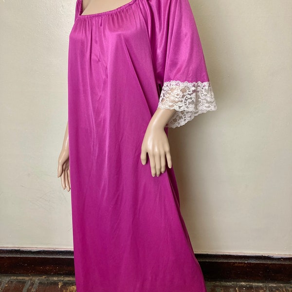 Plus Size Hot Pink Vintage 70s Off the Shoulder Bell Sleeve Lingerie Nightgown