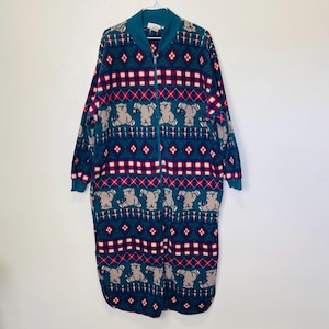 Fleece Teddy Bear Print Vintage 90s Cozy Comfy Zip Up Pajama Dress House Coat