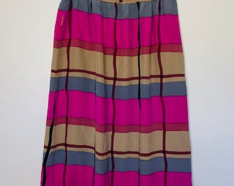 Pure Silk Vintage 80s Argenti Hot Pink and Taupe Colorblock Midi Skiry