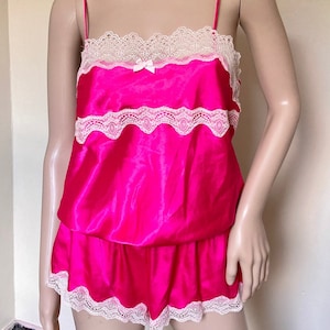 Hot Pink Lacy Satin Lingerie Loungewear Camisole Bodysuit Nightie