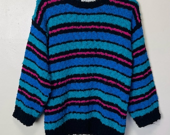 New Wave Striped Fuzzy 80s Colorful Neon Sweater