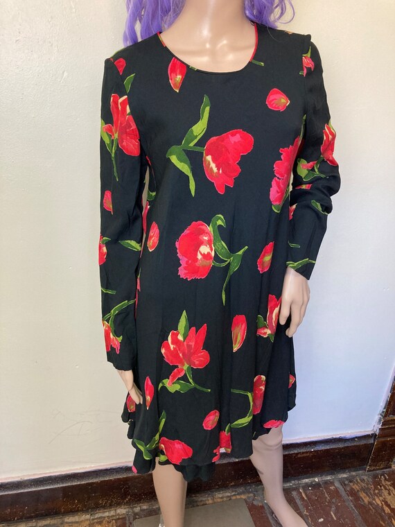 Red Tulips 90s Bias Cut Vintage Floral Dress - image 7