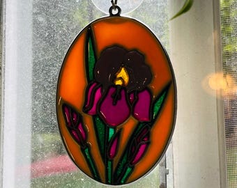 Purple Iris Suncatcher Vintage 1980s Metal and Resin Window Decor