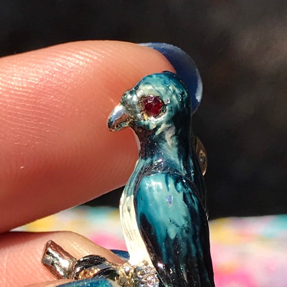 Vintage 70s Blue Bird with Shining Red Rhinestone… - image 3