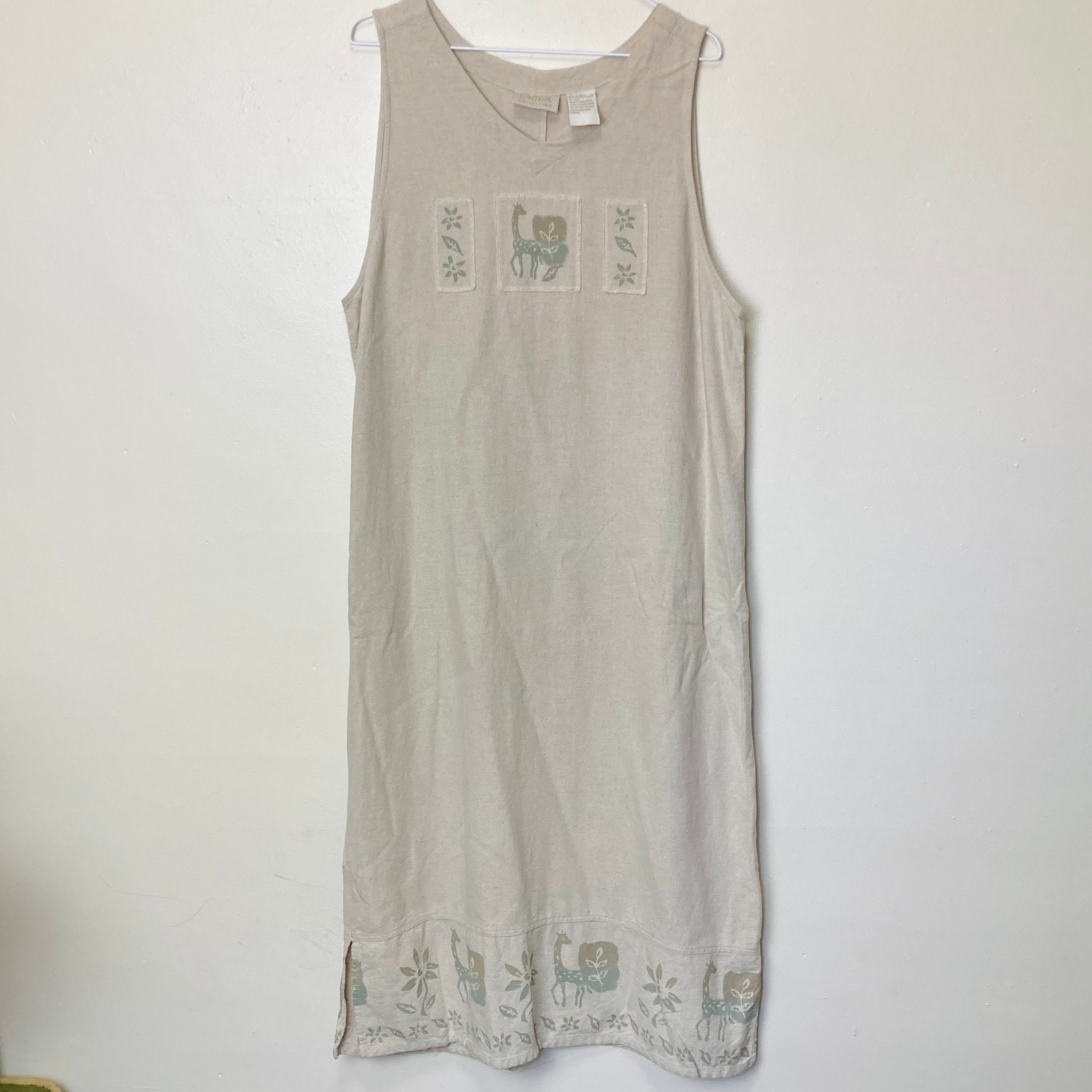 Neutral Linen Vintage 90s Giraffe and Floral Print Sleeveless Maxi Dress