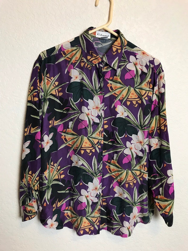Vintage 1980s Jewel Tone Floral Silk Button Down Blouse