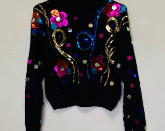 Kurzer Pullover aus Seide und Angora-Pailletten im Vintage-Stil der 80er Jahre
