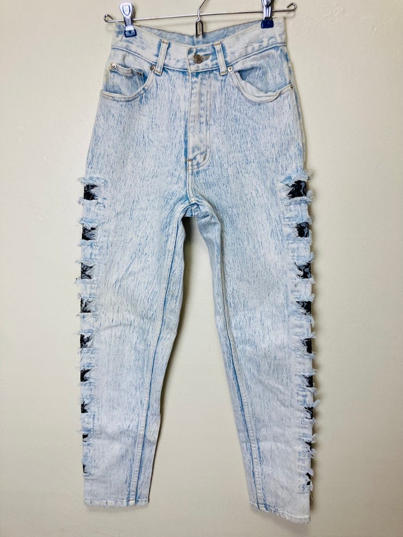 Light Wash Vintage 80s Lace Cutout Tight Jeans - image 3
