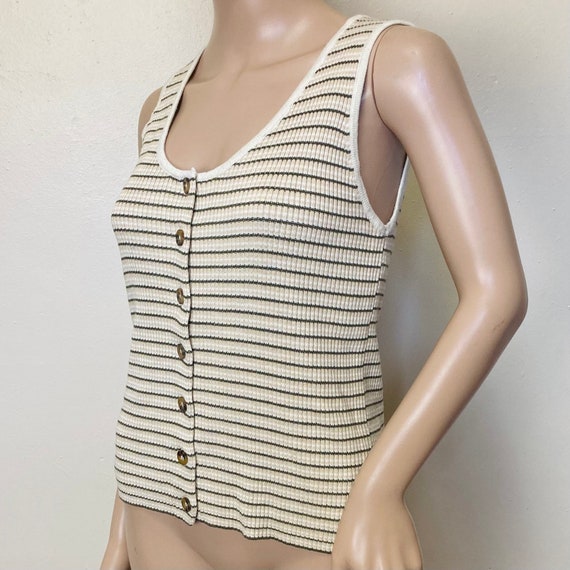 Ribbed Knit 90s Vintage Soft Button Detail Tank T… - image 1