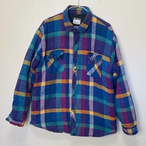 Jewel Tone Quilted Plaid Vintage 80s Flannel Shirt Jacket