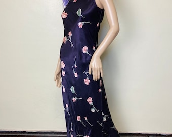 Dark Purple Satin Floral Vintage 90s Bias Cut Maxi Dress