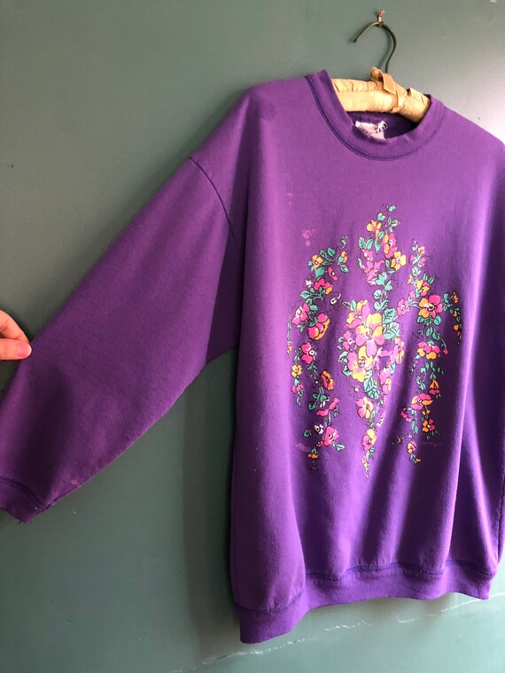 Vintage 80s Botanical Oversize Purple Sweatshirt - image 8